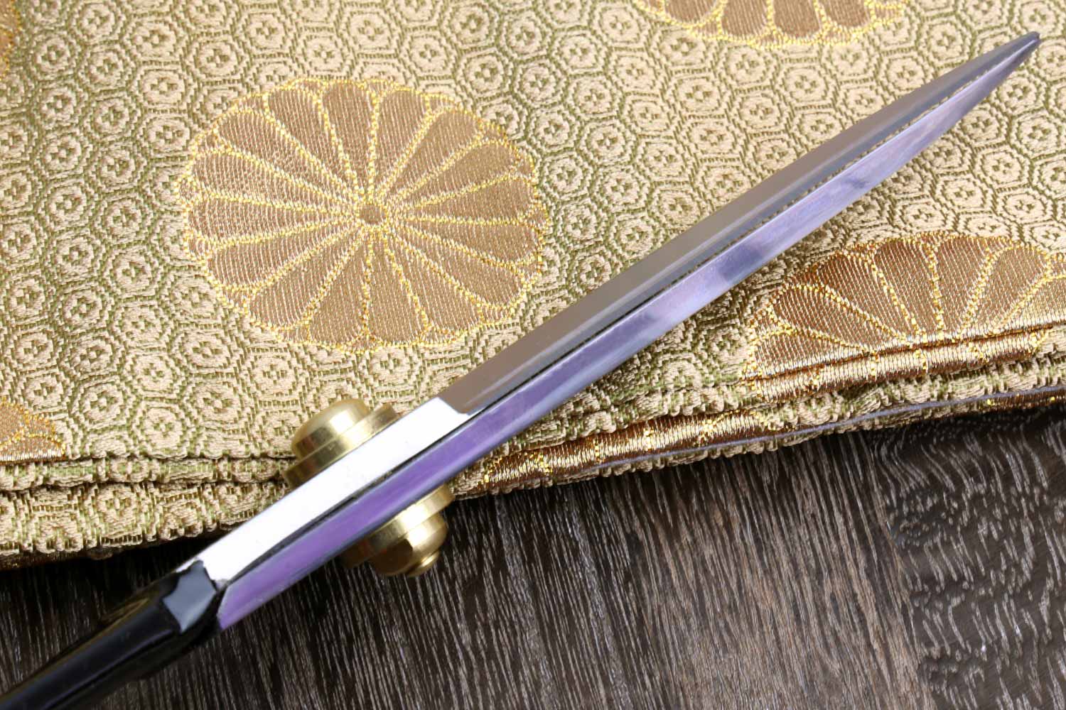 Right-handed fabric scissors with purple handle accents and silver blades, gold pivot