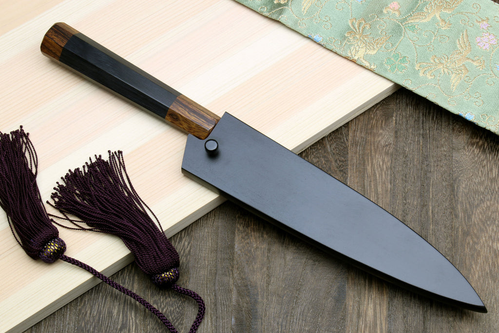 Petty utility knife with stainless blade, dark saya cover, ebony handle, purple tassel cord