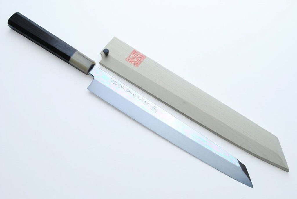 Sushi kiritsuke knife with mirror-finished white steel blade and ebony handle