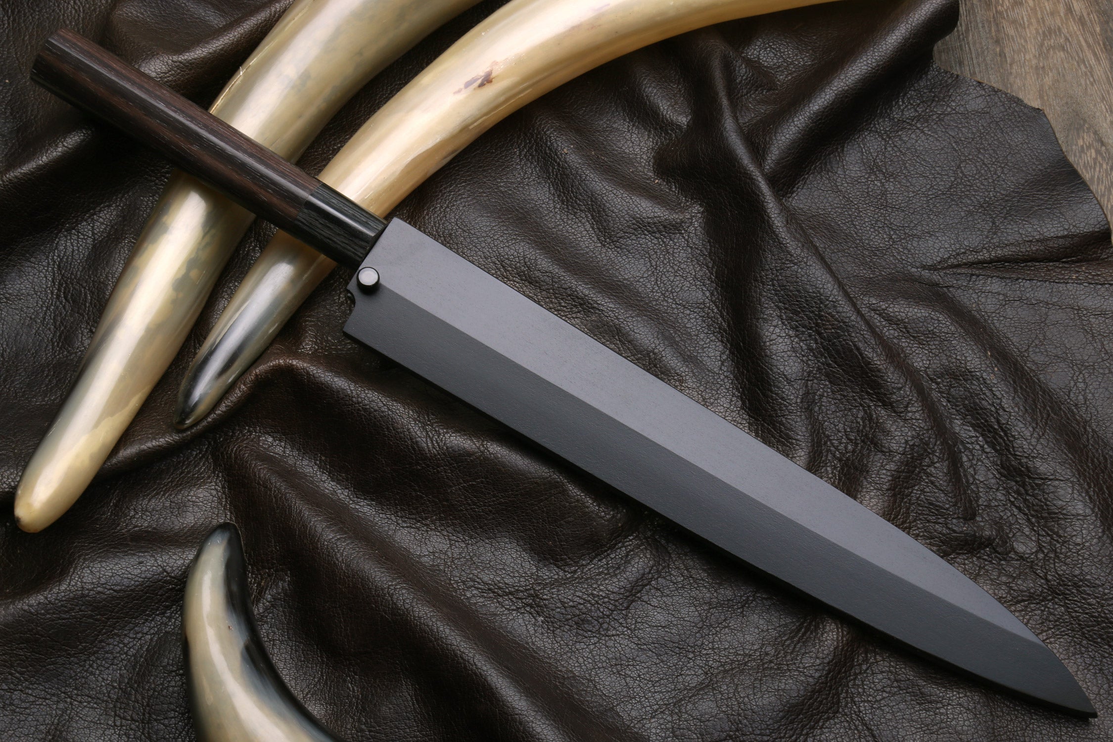 Yanagi sushi knife with stainless blade, dark rosewood handle and saya cover