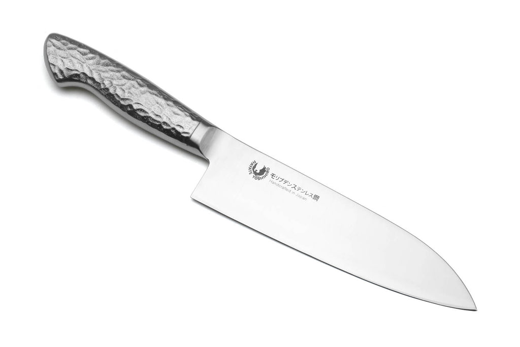 Santoku chef's knife full length with hammered steel blade and integrated stainless handle