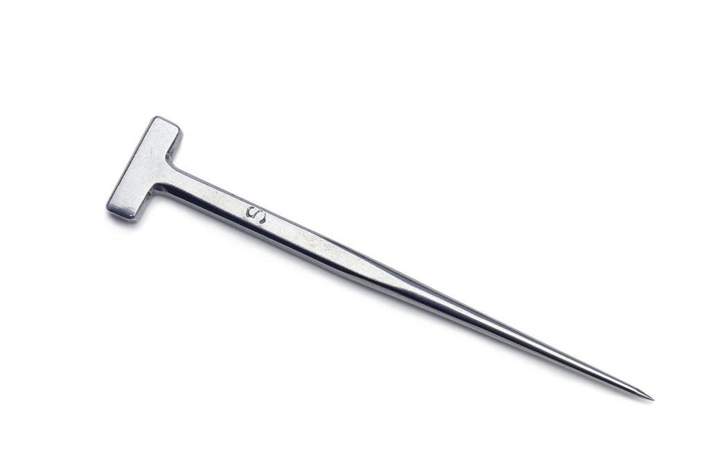 Metal T-shaped eel spike tool with flat head and pointed tip