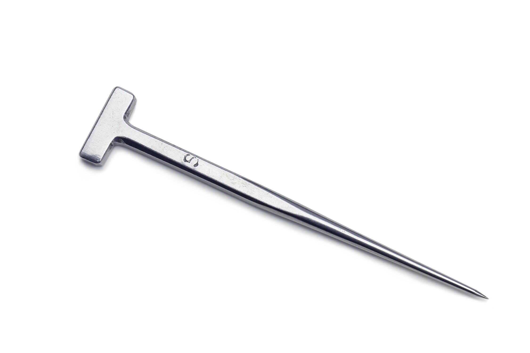 Metal T-shaped eel spike tool with flat head and pointed tip