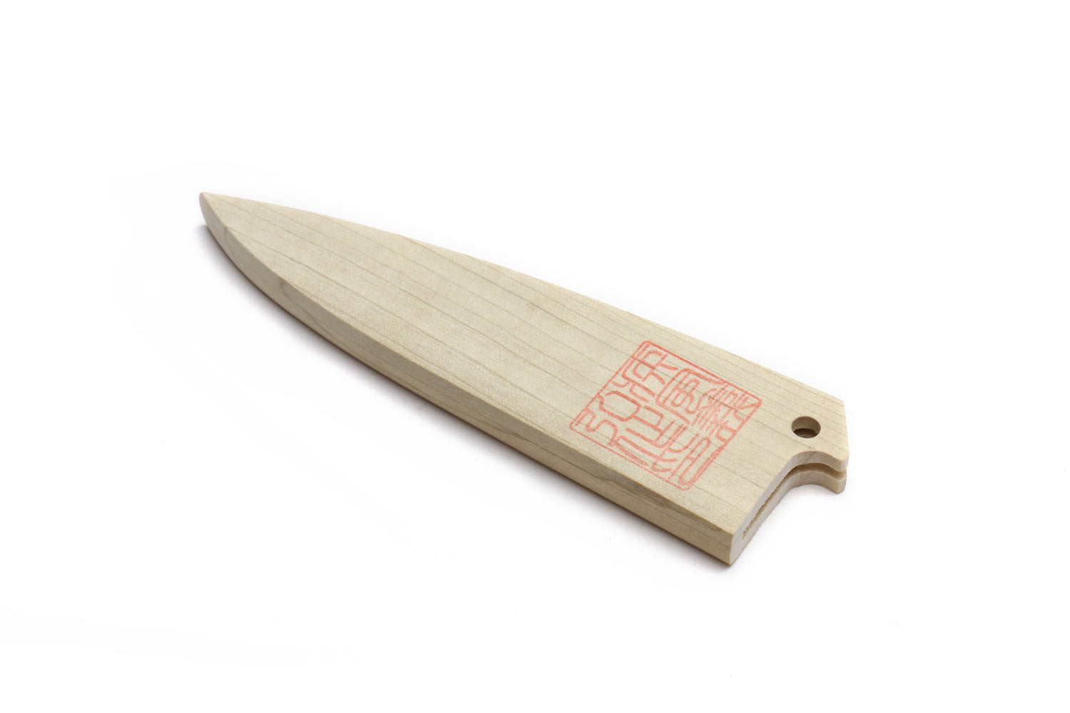 Paring knife saya cover in light natural wood, red stamp panel and lanyard hole