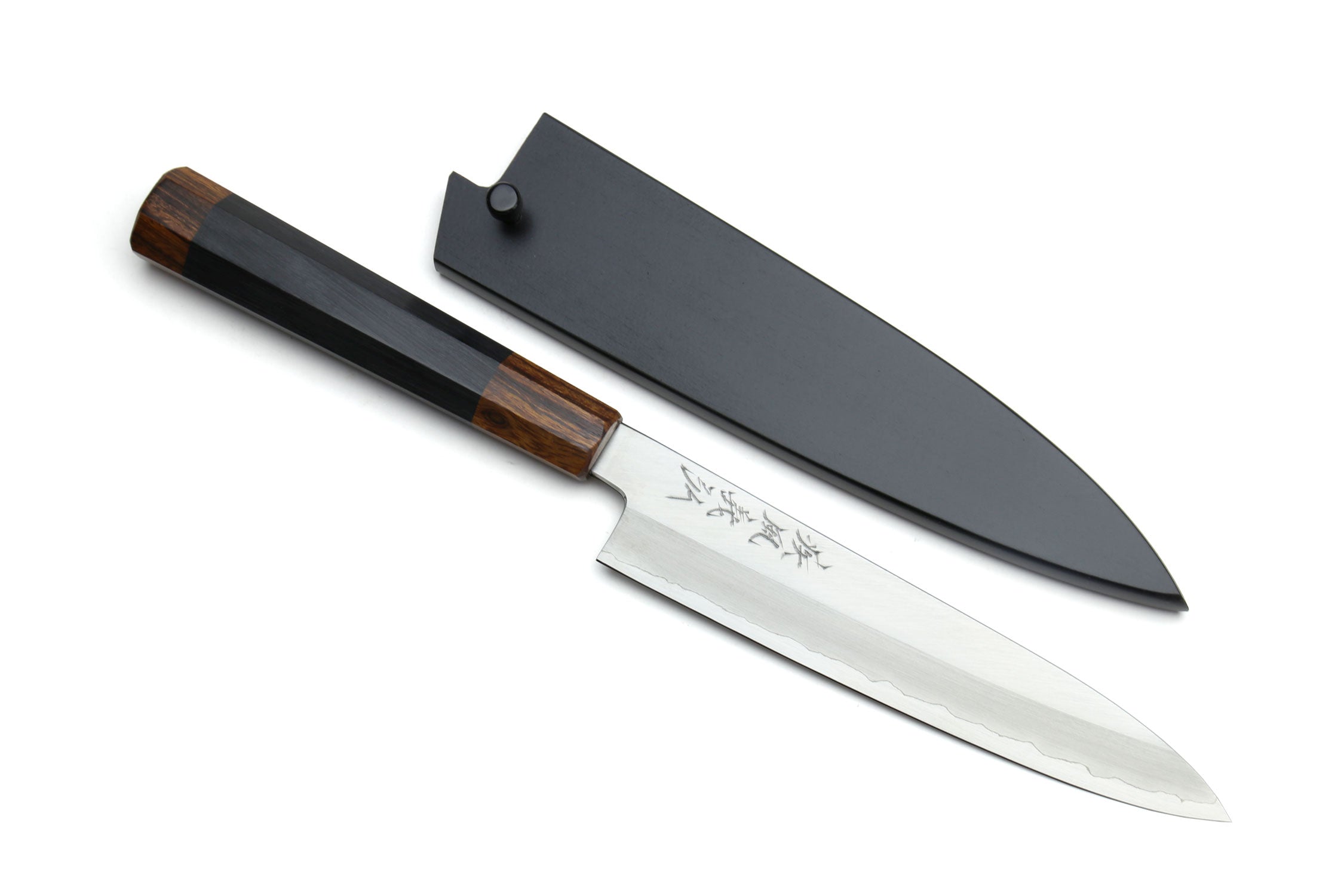 Petty utility knife with stainless blade, dark saya cover, and ebony handle with sheath