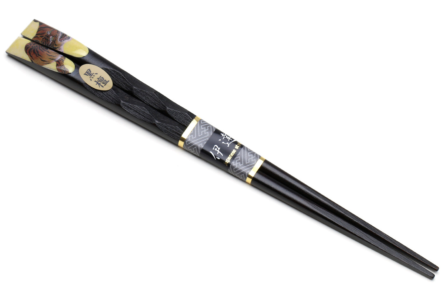 Lacquered ebony wood chopsticks with gold accents and tiger motif on the body