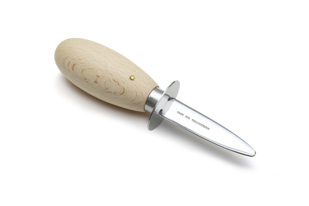 Clam oyster knife with smooth wood grip, metal ferrule, and shiny pointed blade
