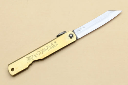 Pocket kiridashi knife with gold-toned handle and stainless blade, single edge