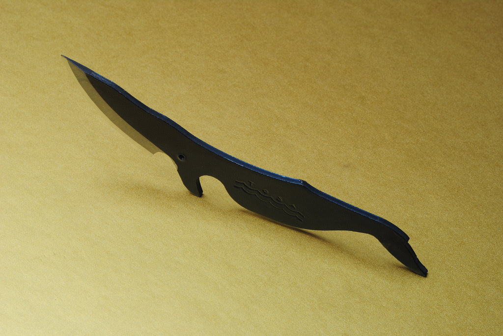 Whale utility knife with black blade and dark blue-gray grip, pointed tip
