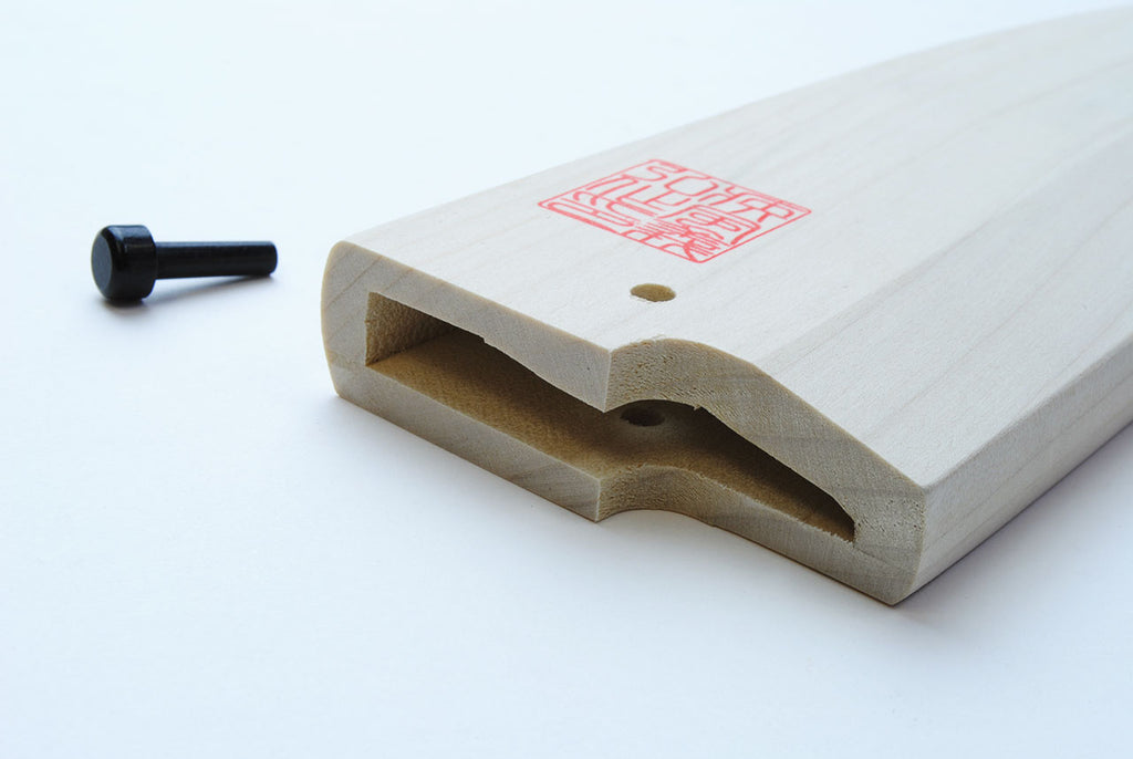 Natural wooden saya knife cover with open slot, red stamp, and black pin