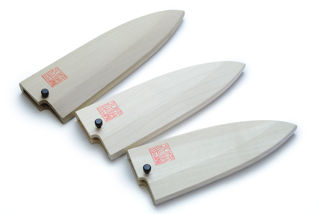 Set of three natural wooden saya knife covers with red stamps and black pins