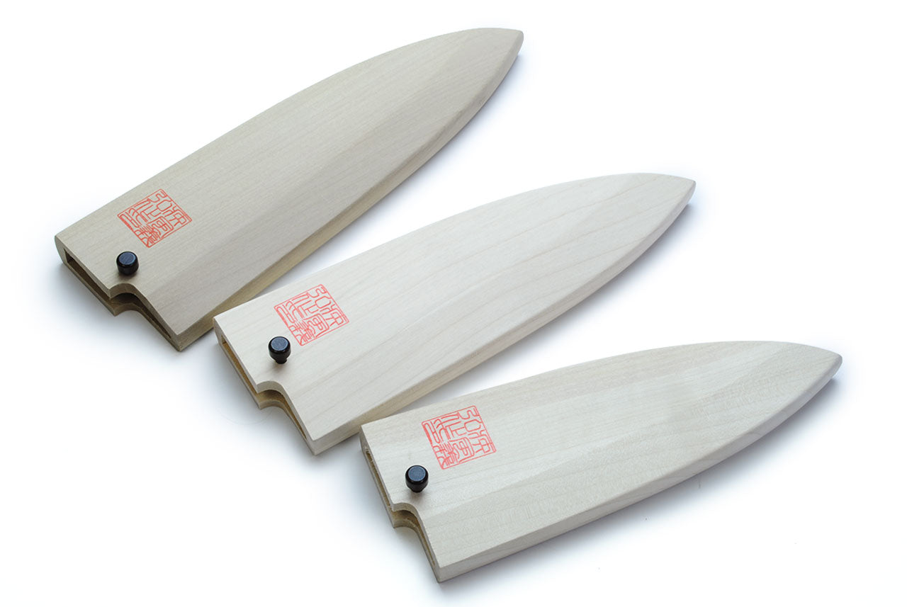 Set of three natural wooden saya knife covers with red stamps and black pins