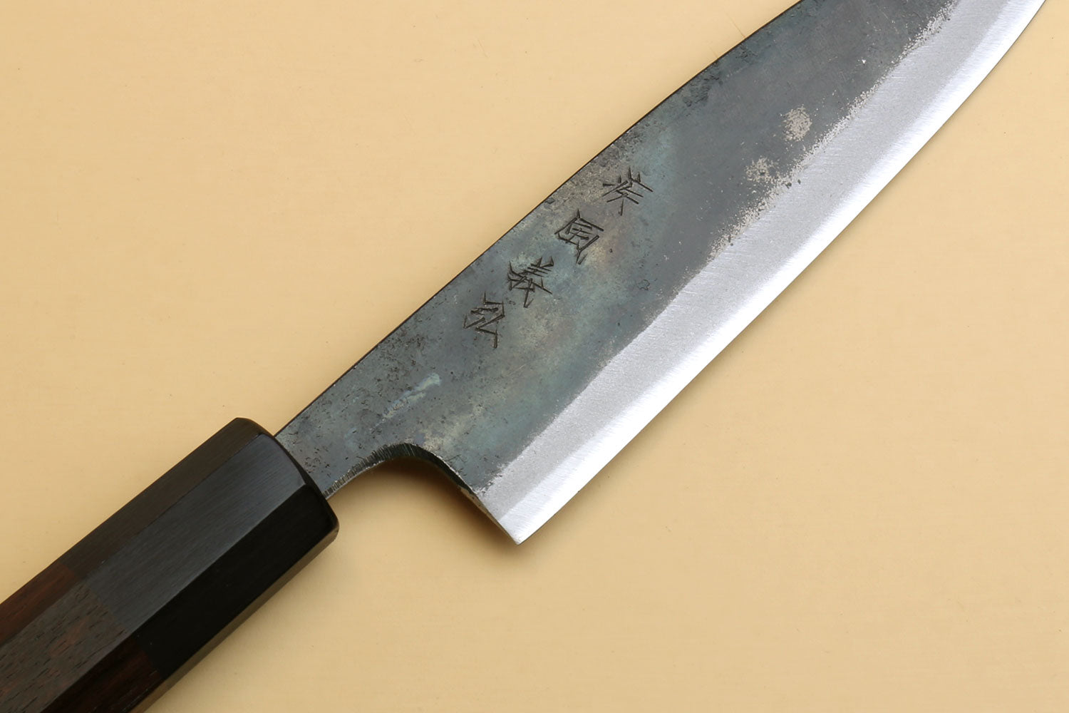 Petty utility knife blade with etched marks and dark shitan wood handle