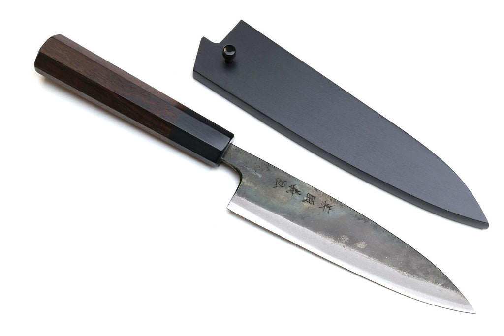 Petty utility knife set with dark saya cover, kurouchi blade, and shitan handle