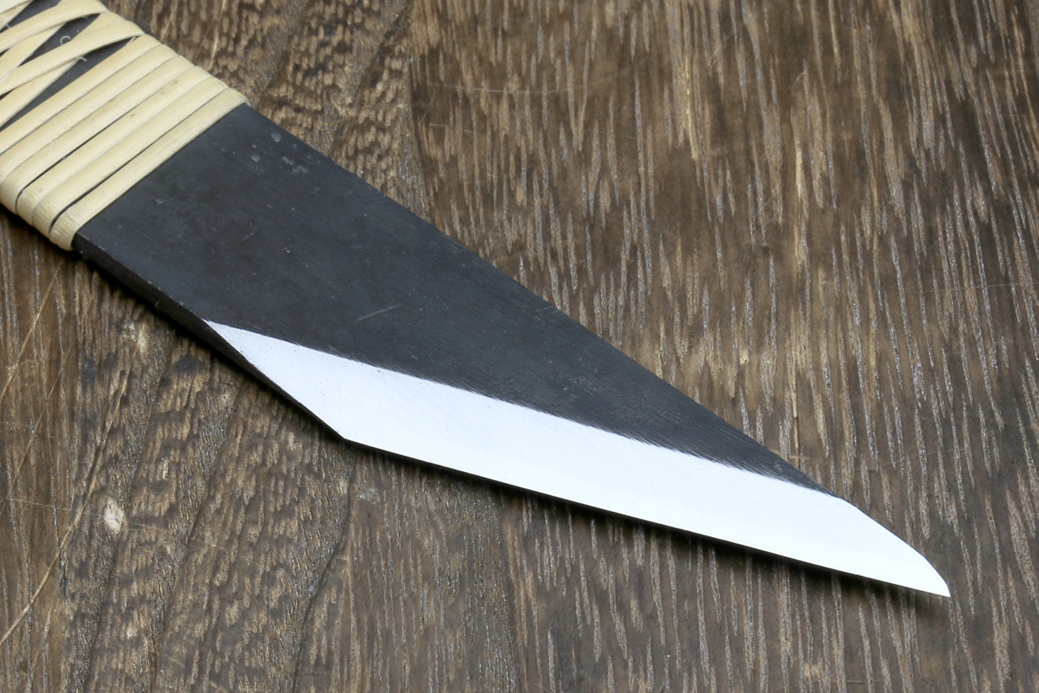 Kiridashi utility knife straight dark steel blade with light ribbed wooden handle