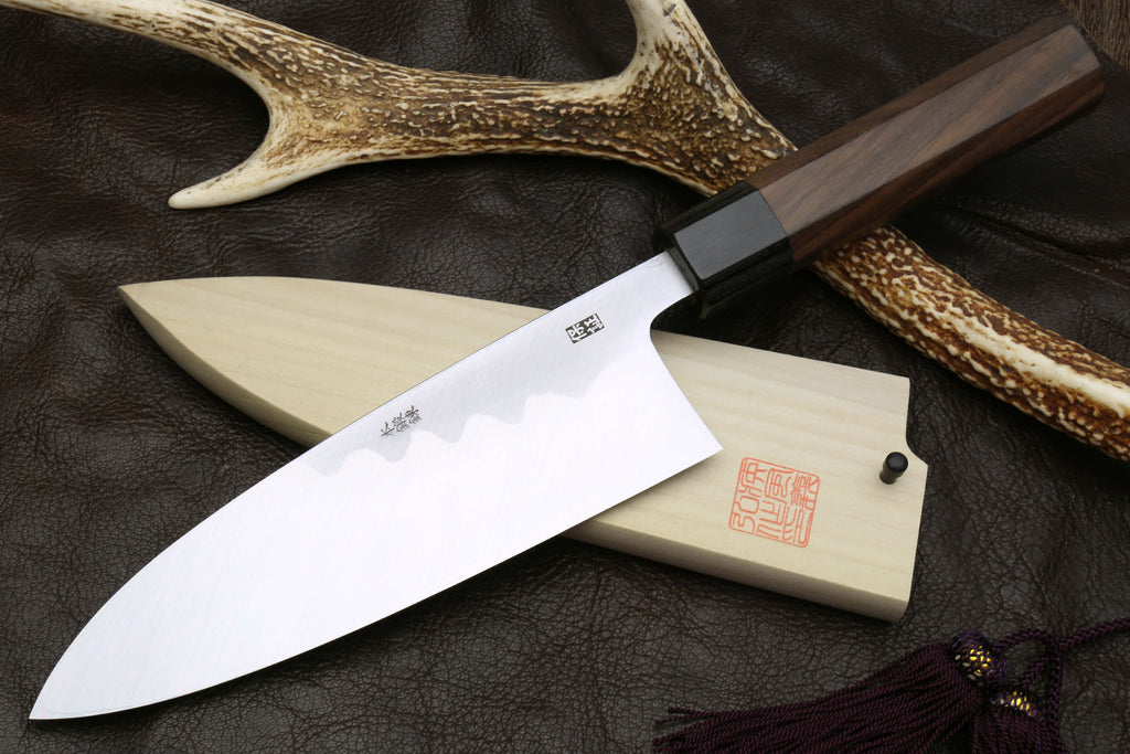 Japanese deba knife with white steel blade and dark shitan handle