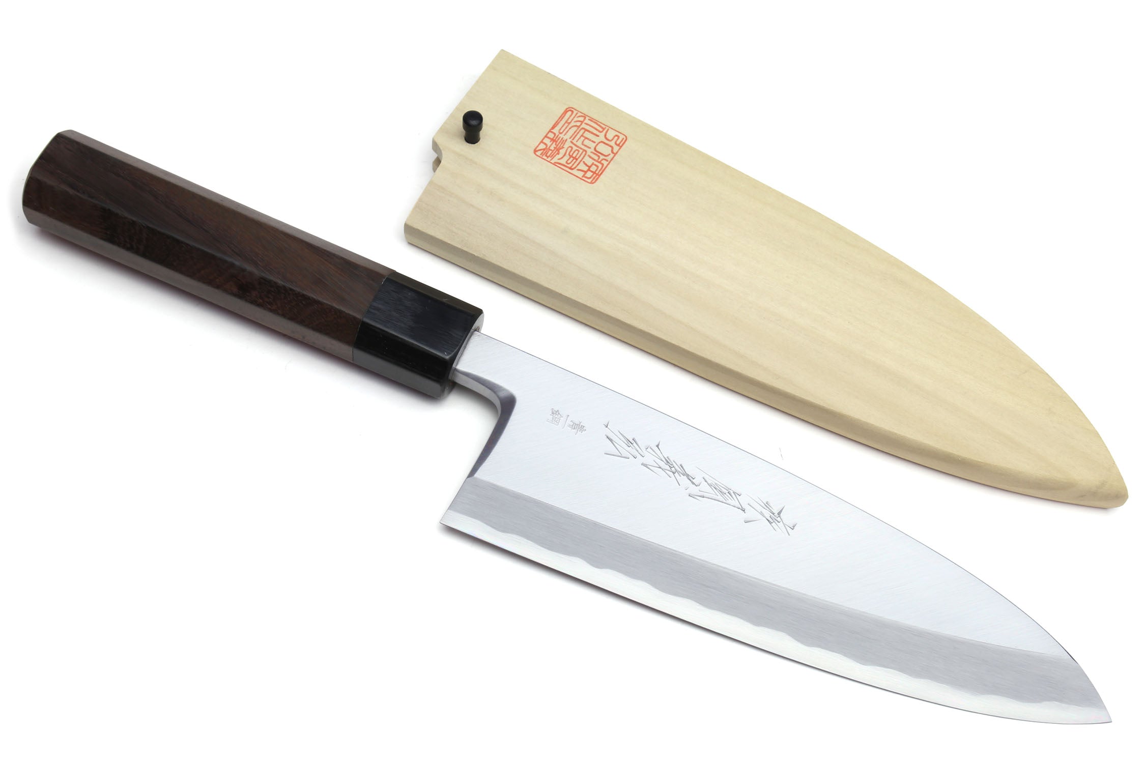 Japanese deba knife with white blade, dark handle, and light wooden saya