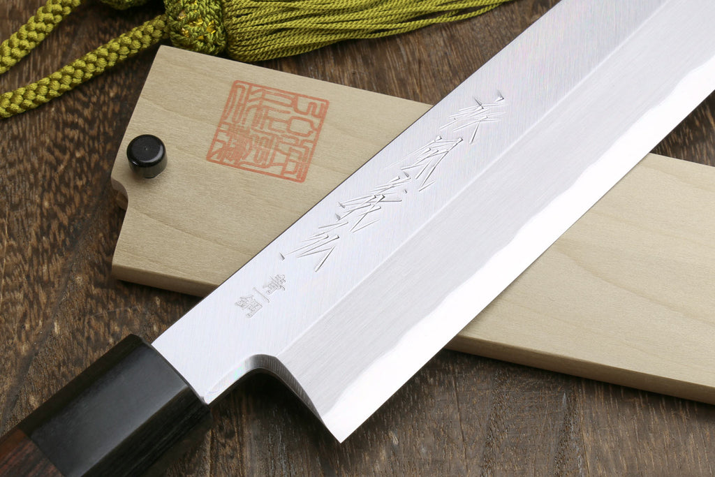 Japanese single-edged vegetable knife, silver blade with wooden saya and handle