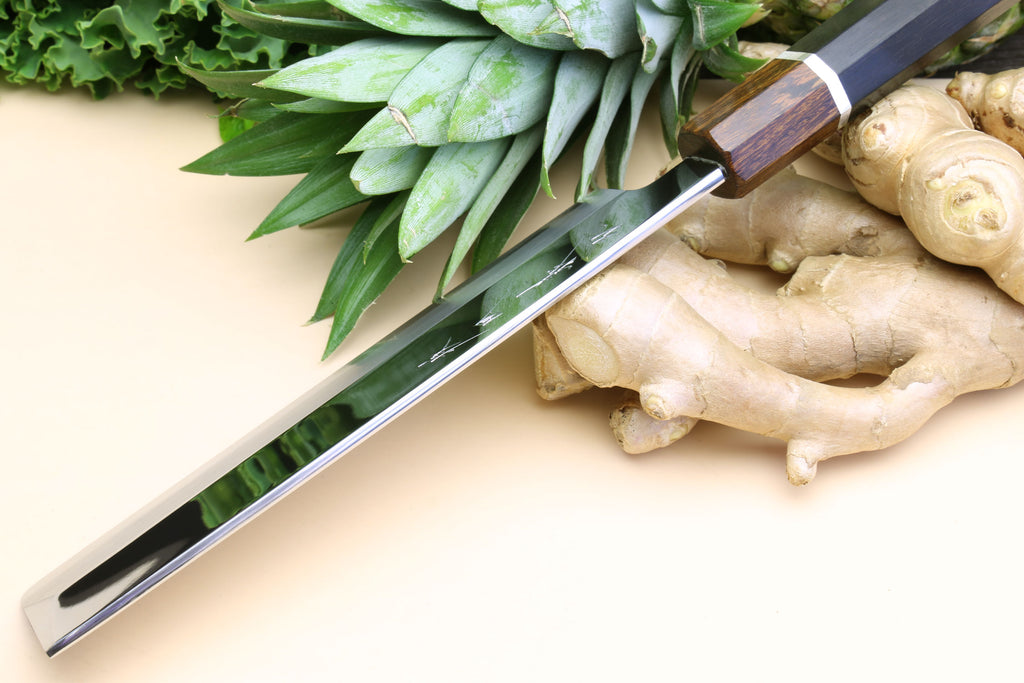 Japanese vegetable chopping knife with ebony handle and polished stainless blade