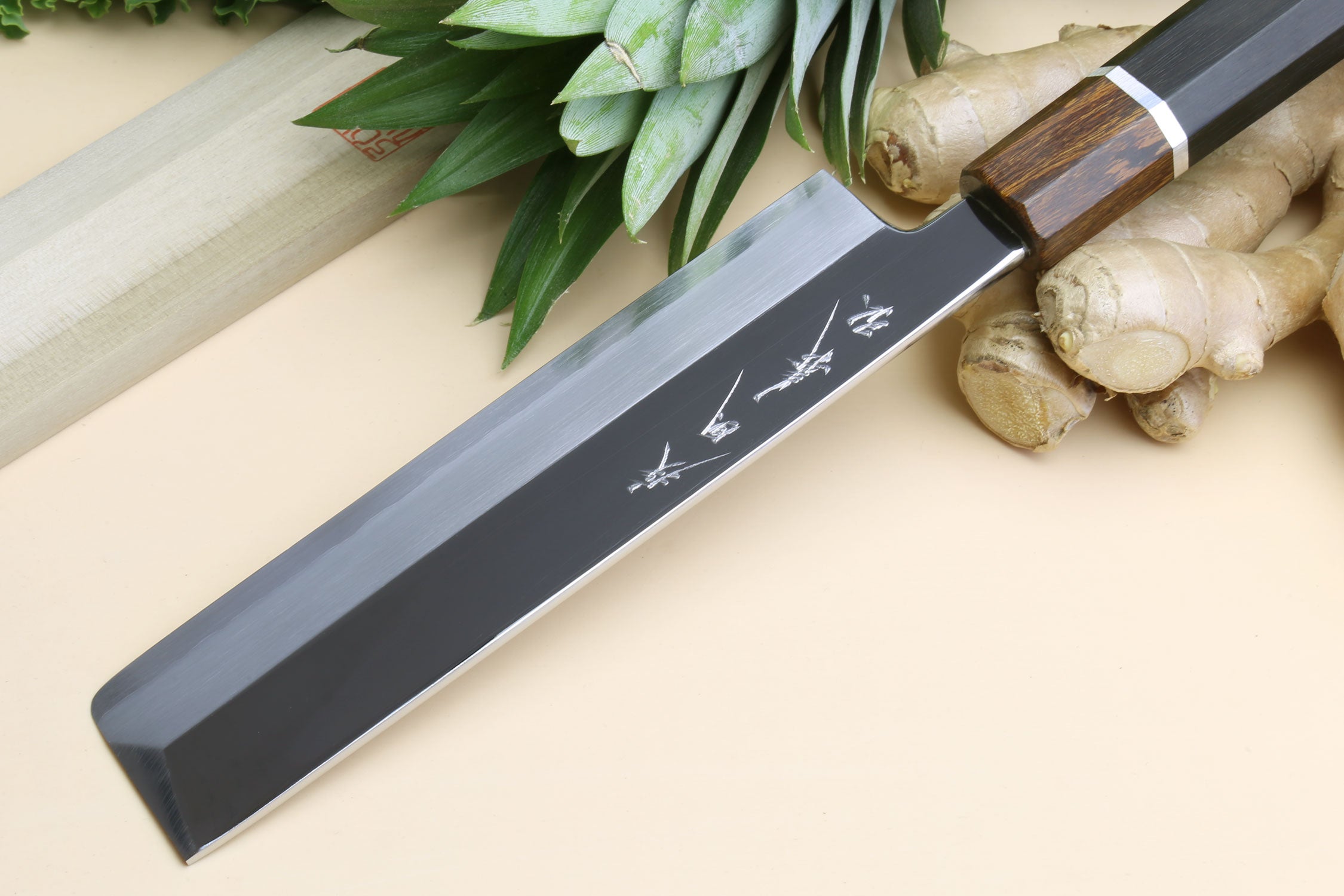Japanese vegetable knife with ebony handle and engraved mirror-polished blade