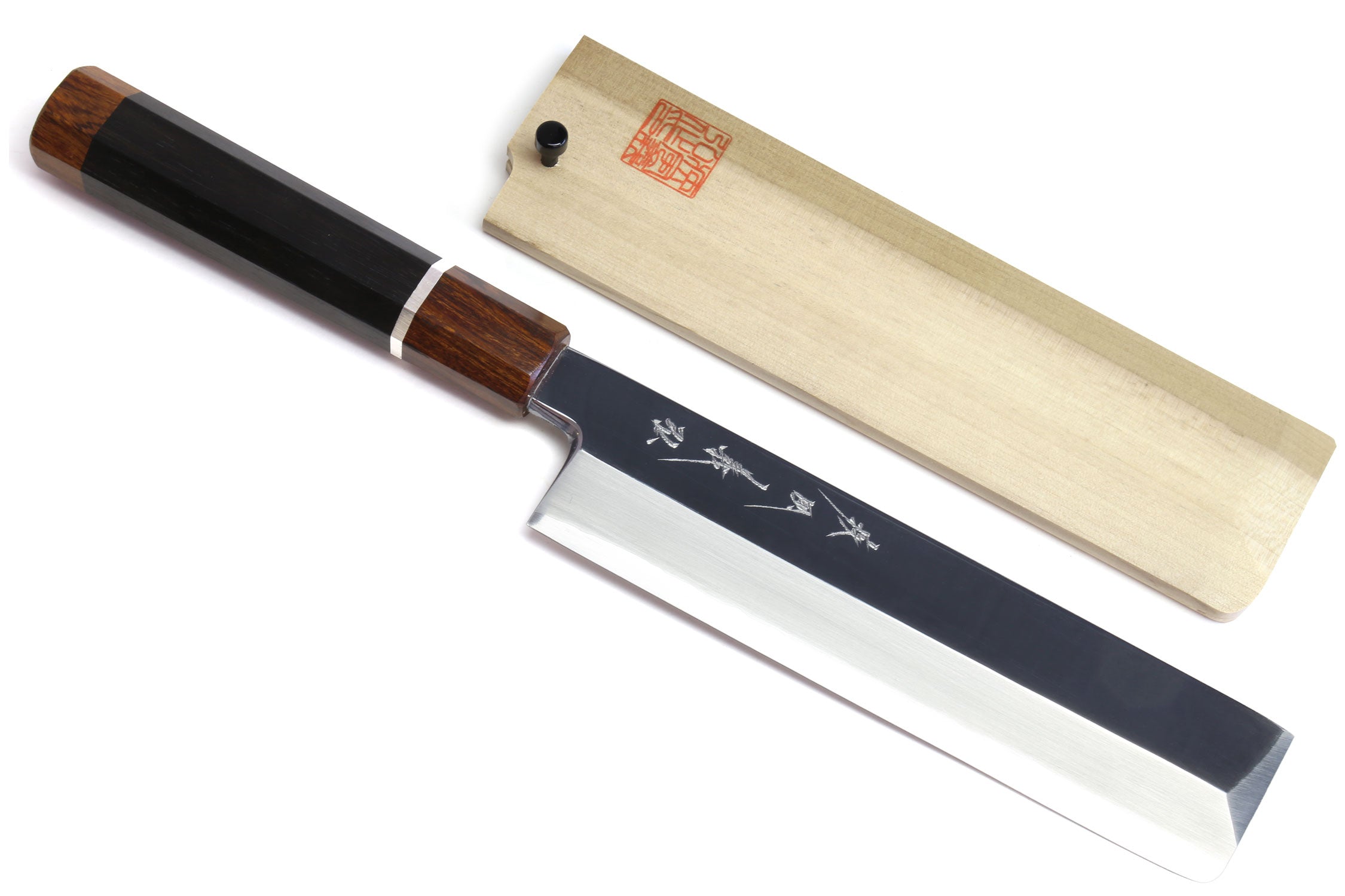Japanese vegetable chef knife with ebony handle, silver ring, and polished blade