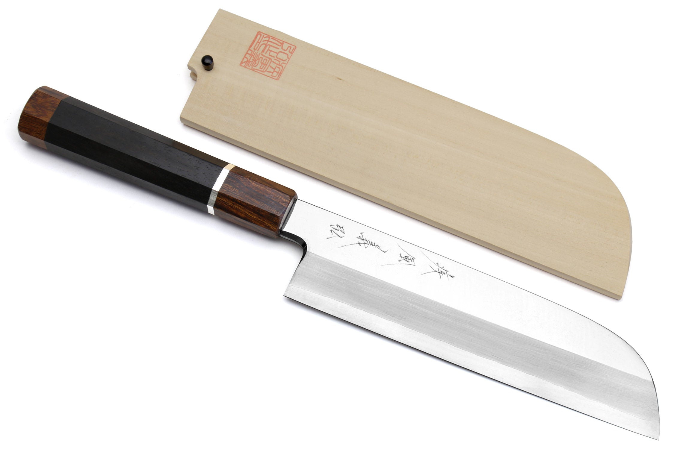 Japanese chef knife with mirror-polished blade, dark handle, and wooden sheath