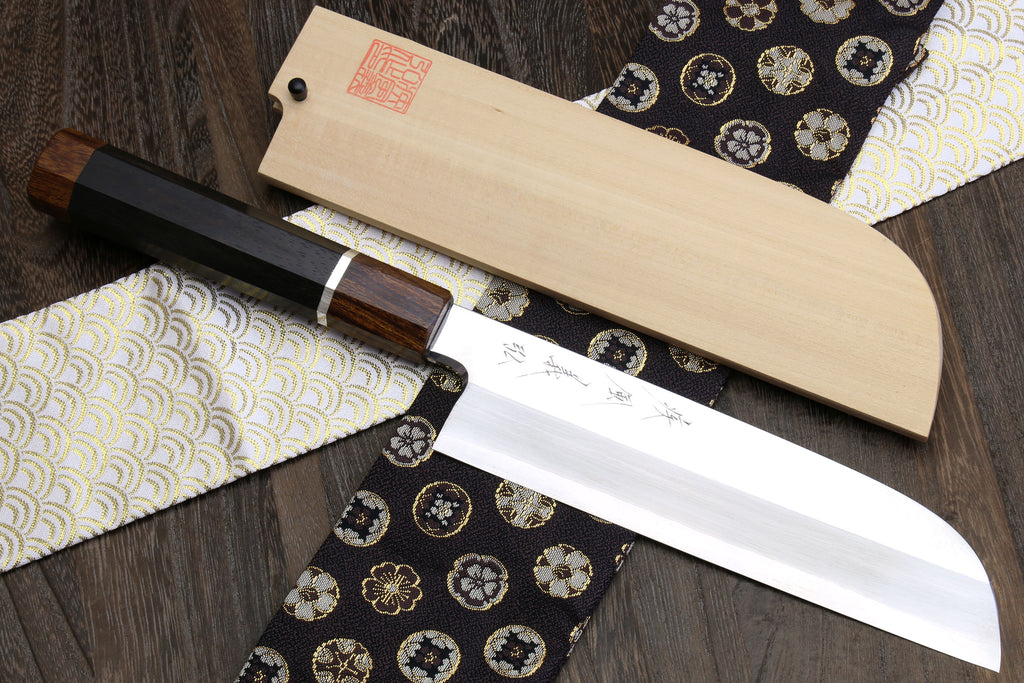 Japanese vegetable chef knife with mirror-polished blade, ebony handle, silver ring