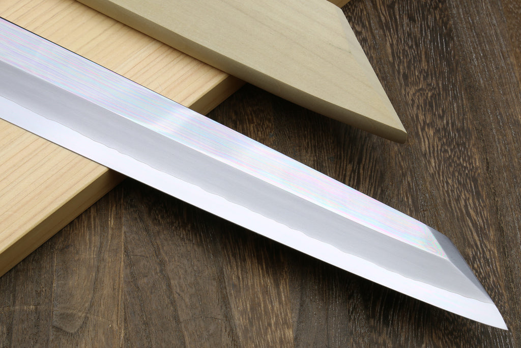 Mirror-polished steel tuna knife blade with sharp edge and reflective finish