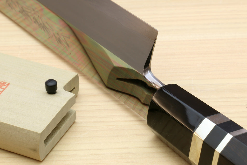 Yanagi-style tuna knife with ebony handle and mirror-polished steel blade