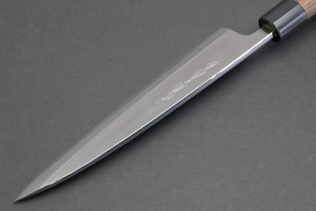 Japanese filet knife with brushed steel blade and dark handle