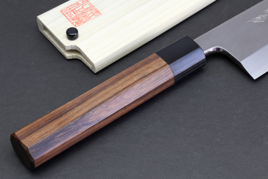 Japanese filet knife with blue-brown wood handle and pale blade on side