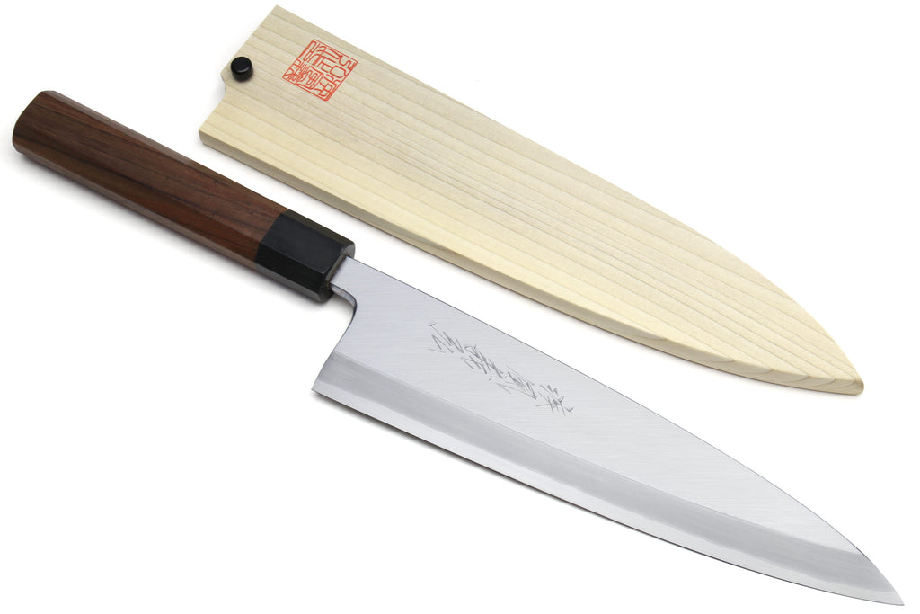 Japanese single-edged filet knife, pale blade and dark wood handle