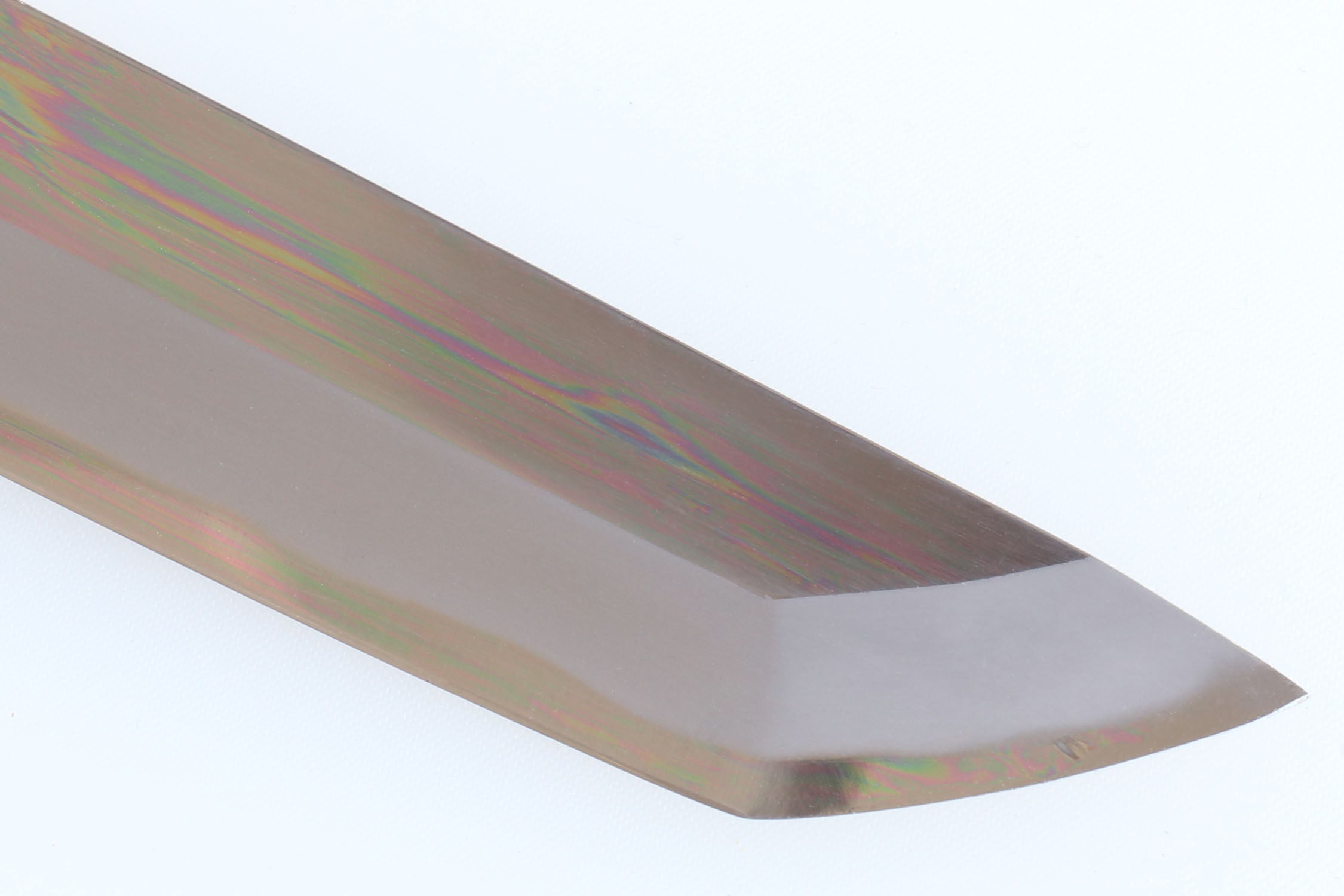 Tuna knife blade with smooth edge and iridescent steel finish