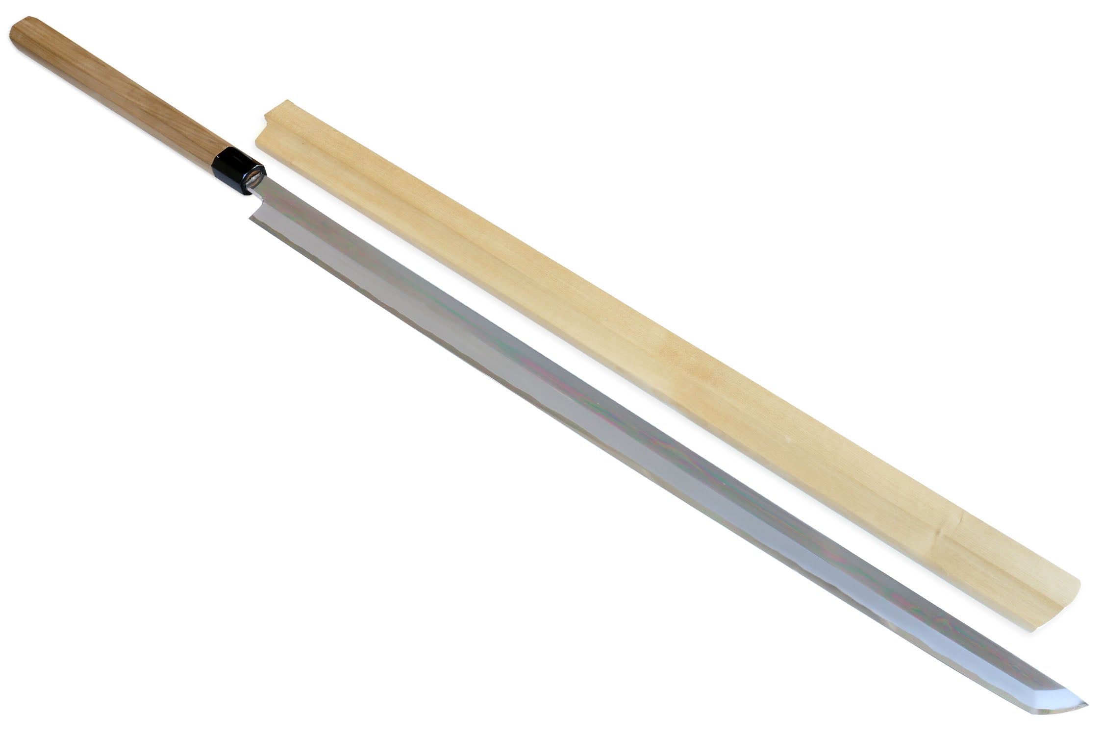 Single-edged tuna knife with long steel blade and light wood handle