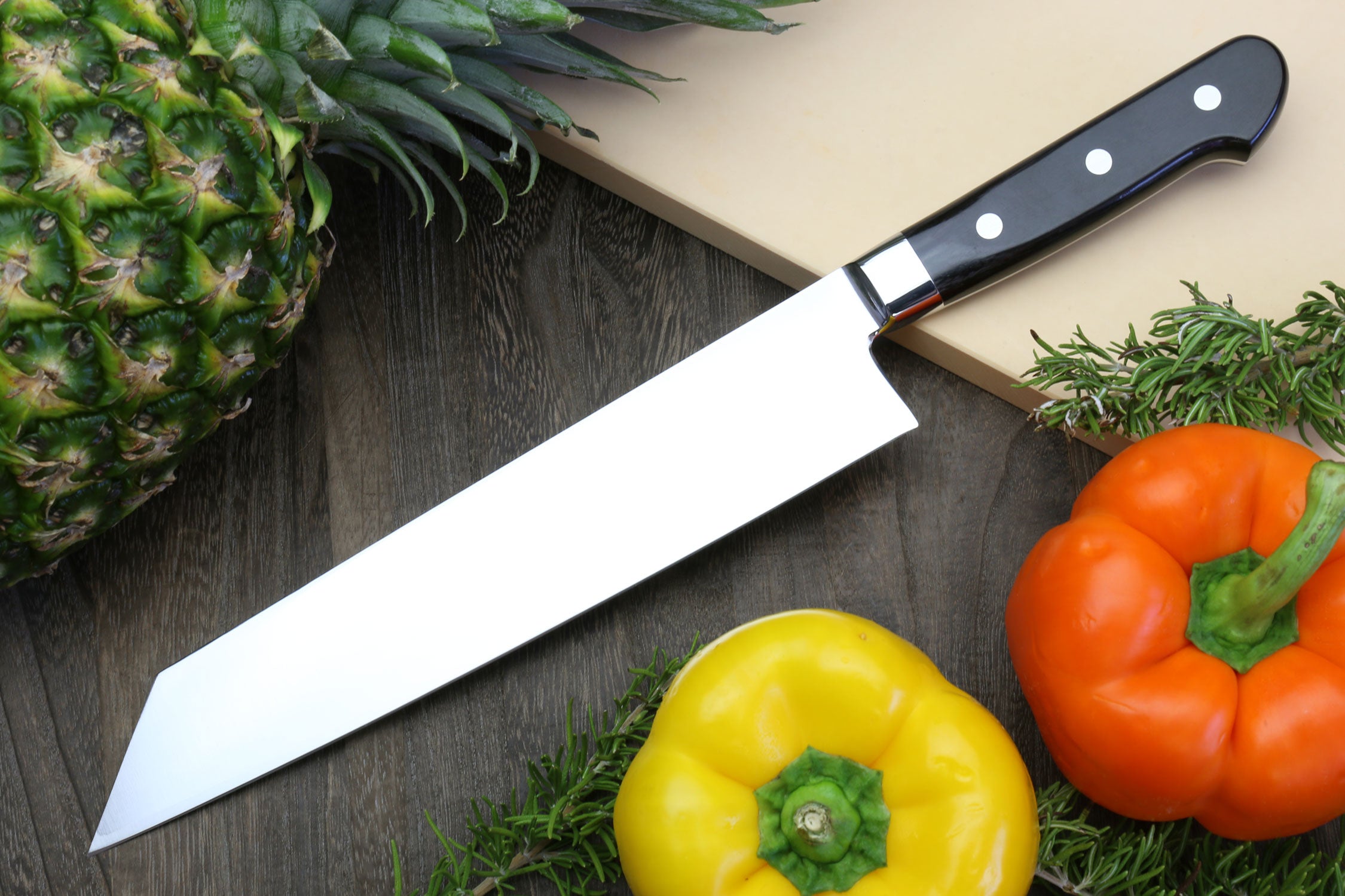 Multipurpose chef knife, black handle with rivets, silver blade