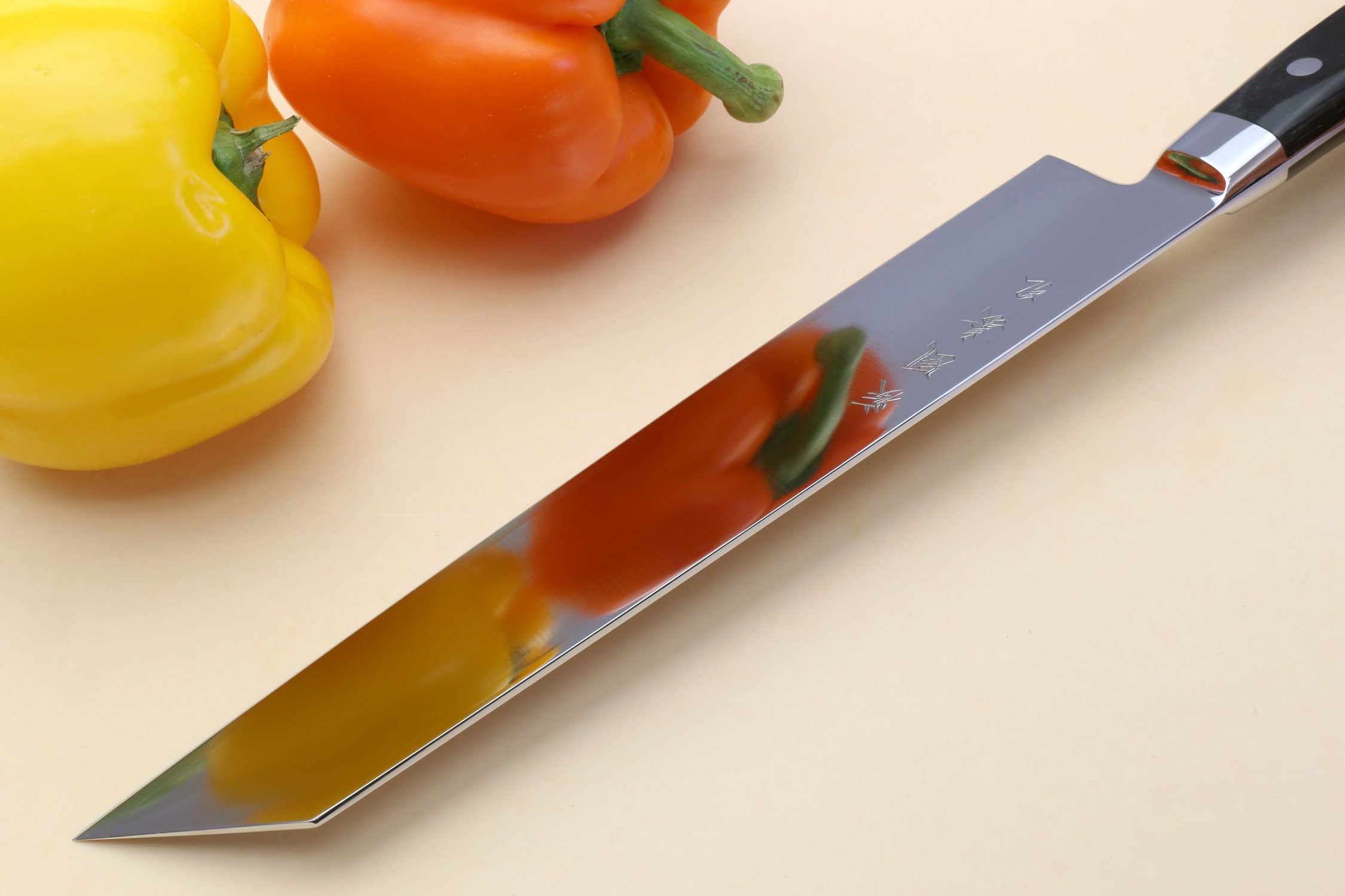Kiritsuke chef knife, silver blade and black pakkawood handle with rivets