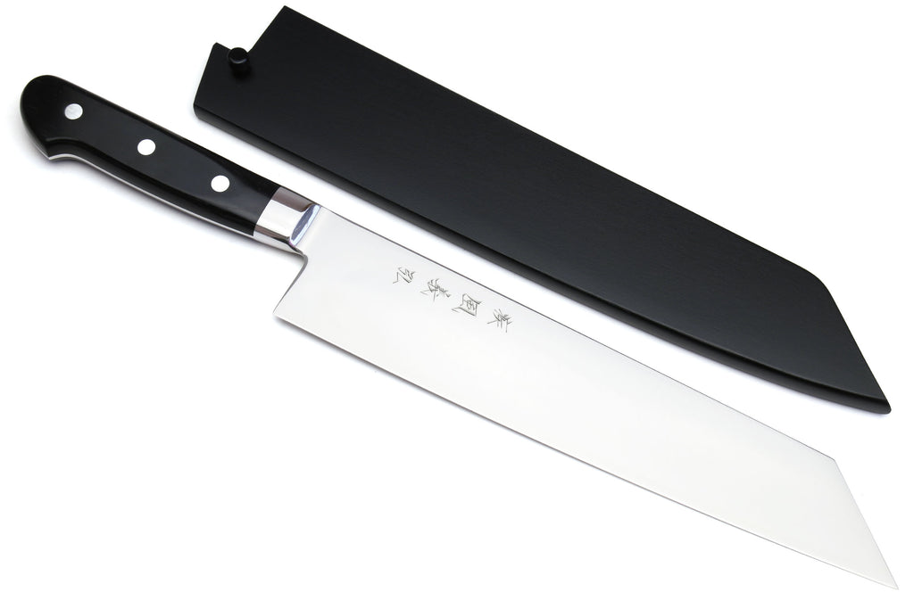 Chef knife with black blade cover and silver kiritsuke blade, black pakkawood handle