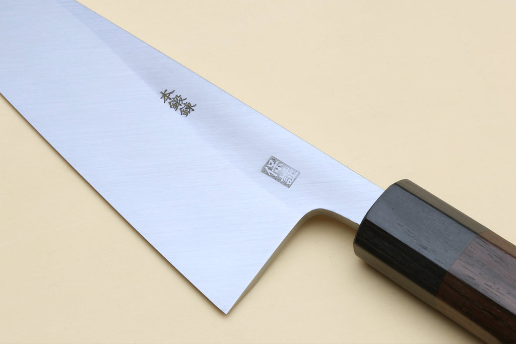 Traditional Japanese garasuki boning knife, engraved logo on blade, dark rosewood handle