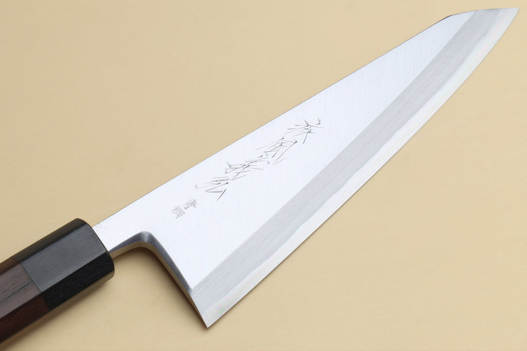 Traditional Japanese garasuki boning knife, engraved pattern on blue steel blade and handle