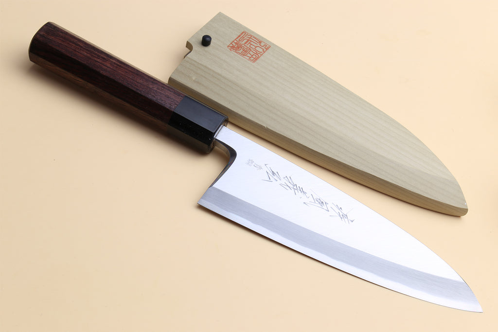 Deba fish fillet chef knife, light steel blade, dark shitan handle, side view