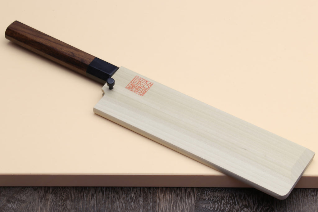 Japanese vegetable cleaver knife with blue steel blade, rosewood handle, light wooden saya