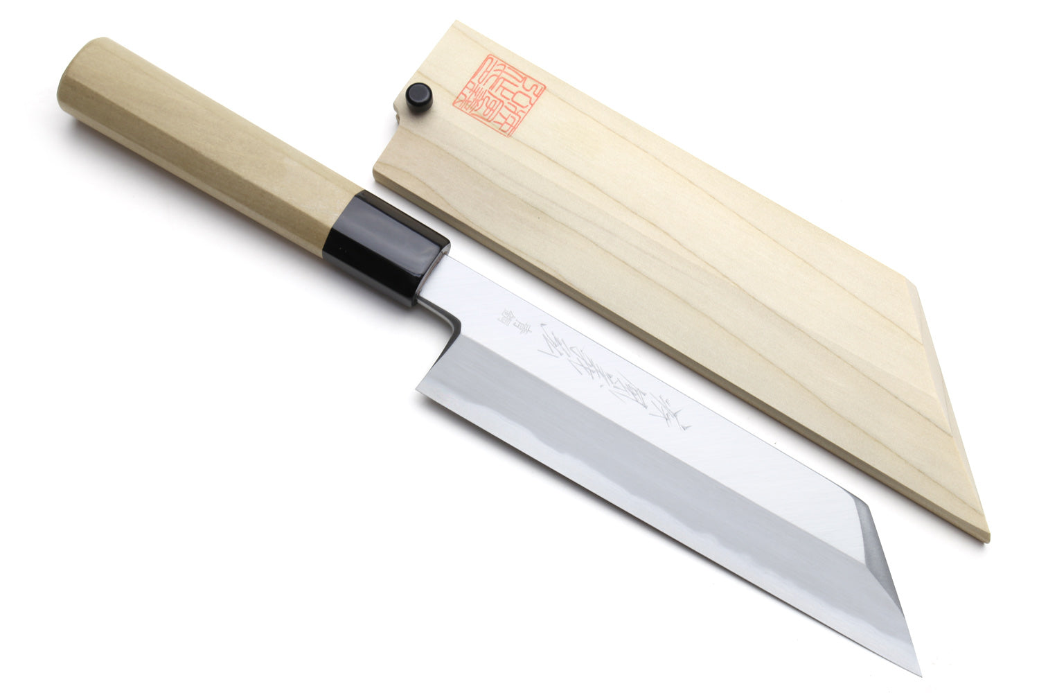 Japanese chef knife set of two with light wooden handles and polished steel blades