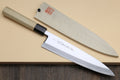 Japanese filet sushi knife with light wood handle and dark blue-steel blade, black collar