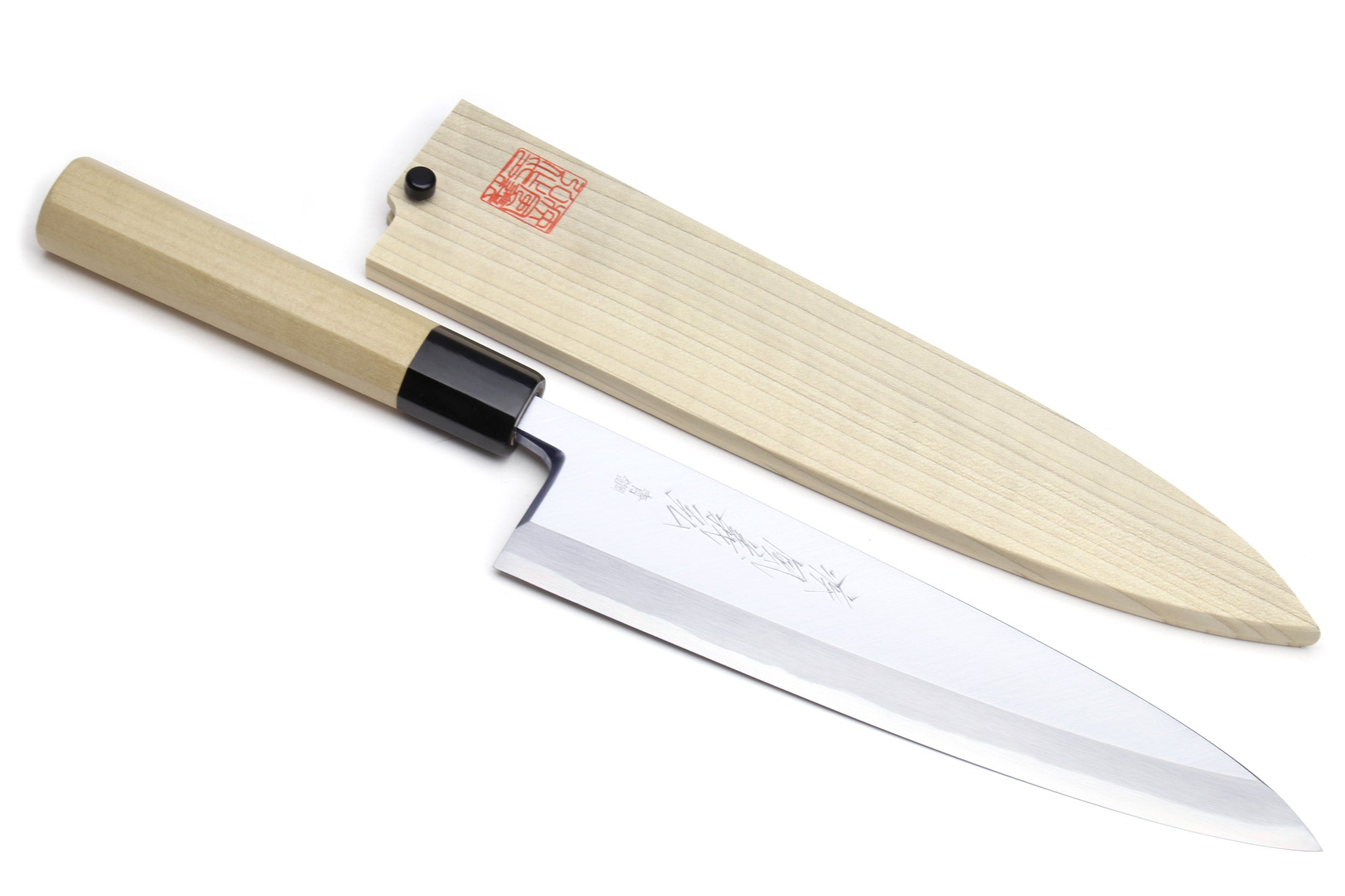 Japanese sashimi knife with light wood handle, black collar, pale silver blade