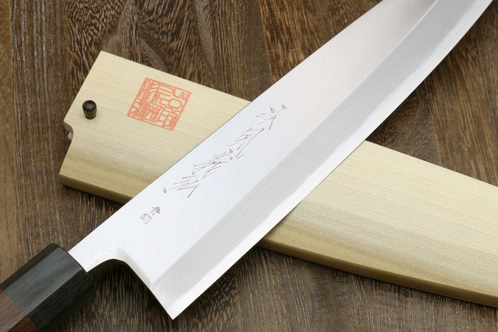 Sushi sashimi chef knife with etched silver blade and dark rosewood handle