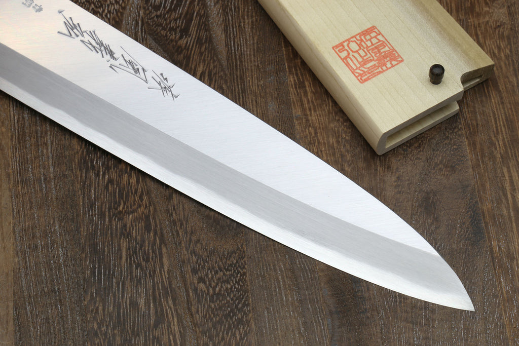 Sushi sashimi chef knife with long silver blade and etched markings, rosewood handle