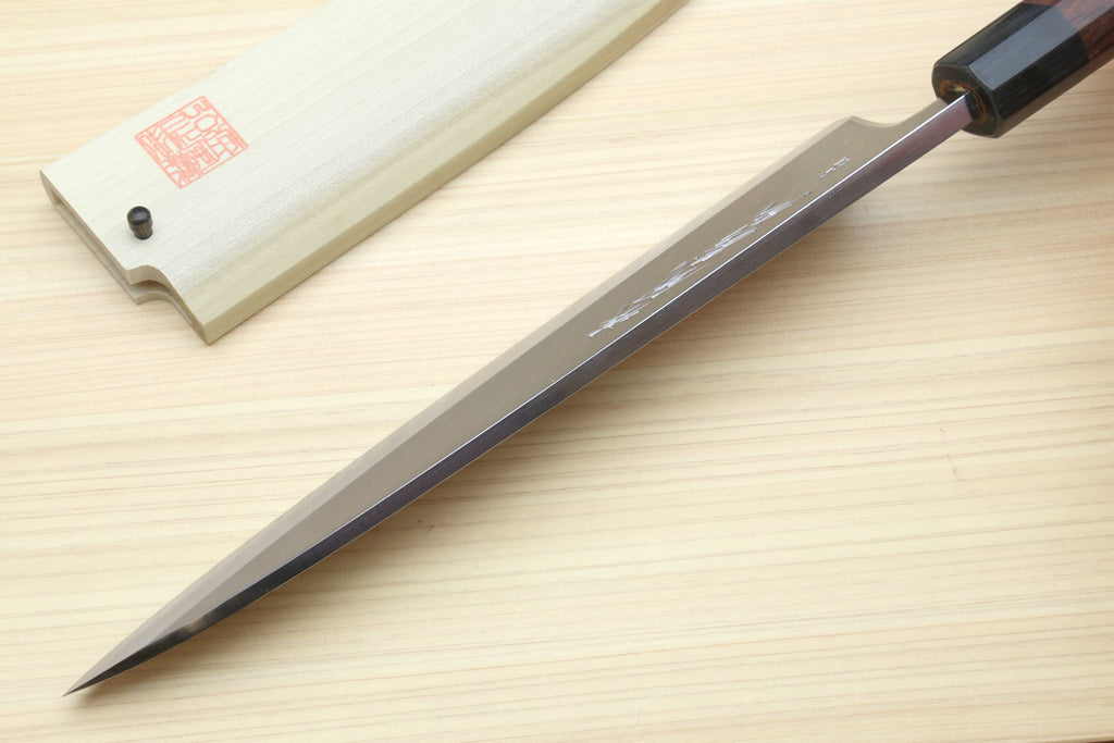 Sushi sashimi chef knife with pointed silver blade and dark rosewood handle