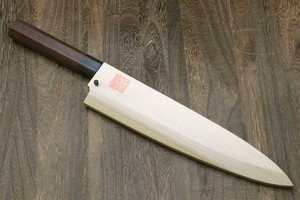 Sushi sashimi chef knife with silver blade and dark rosewood handle, full length