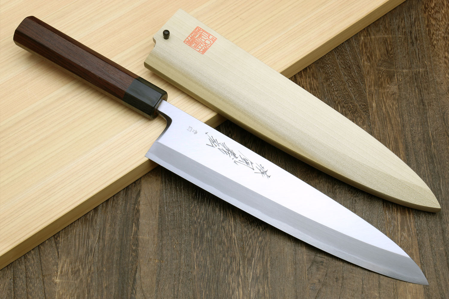 Sushi sashimi chef knife with silver blade and dark rosewood handle