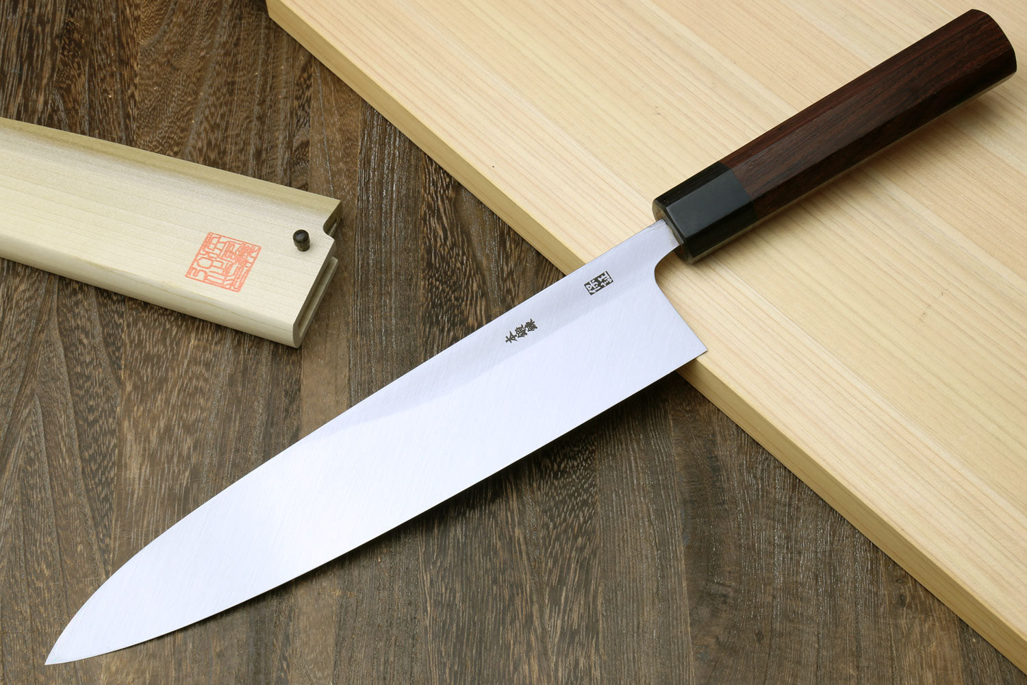 Sushi sashimi chef knife with long silver blade and dark rosewood handle